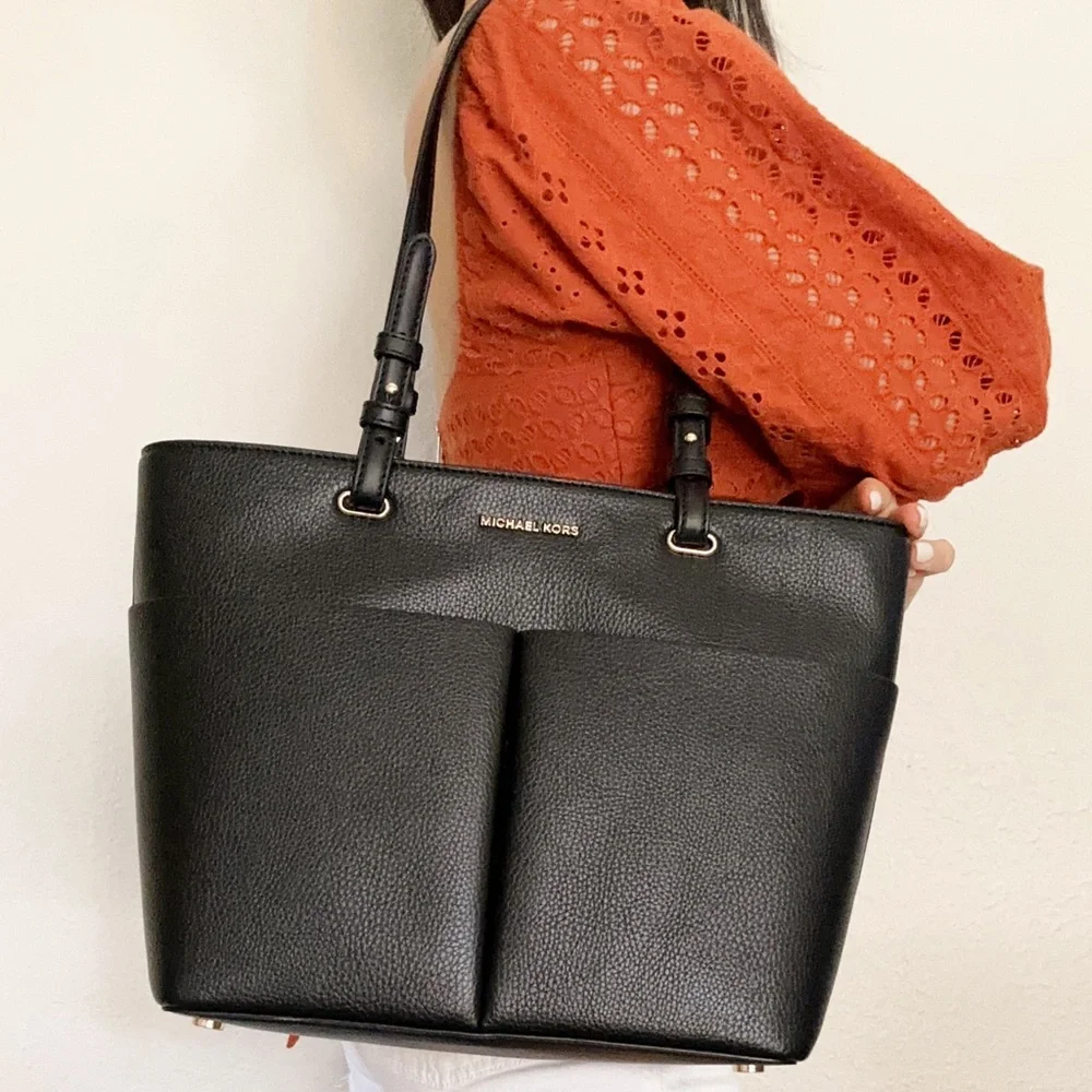 Michael Kors Bedford Black Pebbled Leather Medium Pocket Tote Shoulder